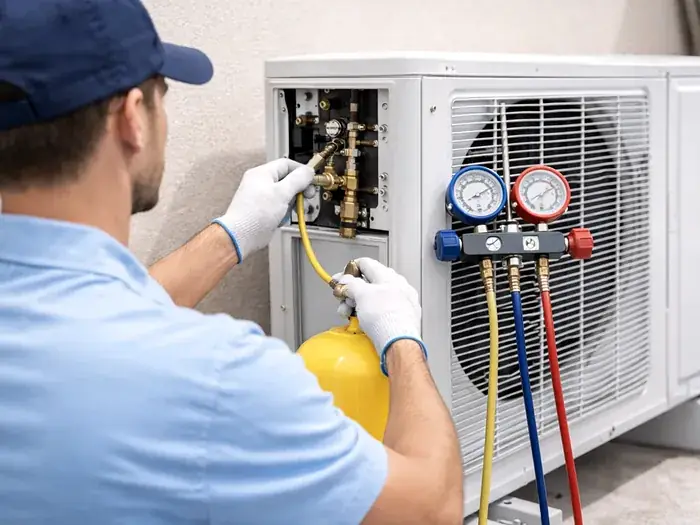 Vayu AC Service technician checking AC refrigerant gas levels in Greater Noida