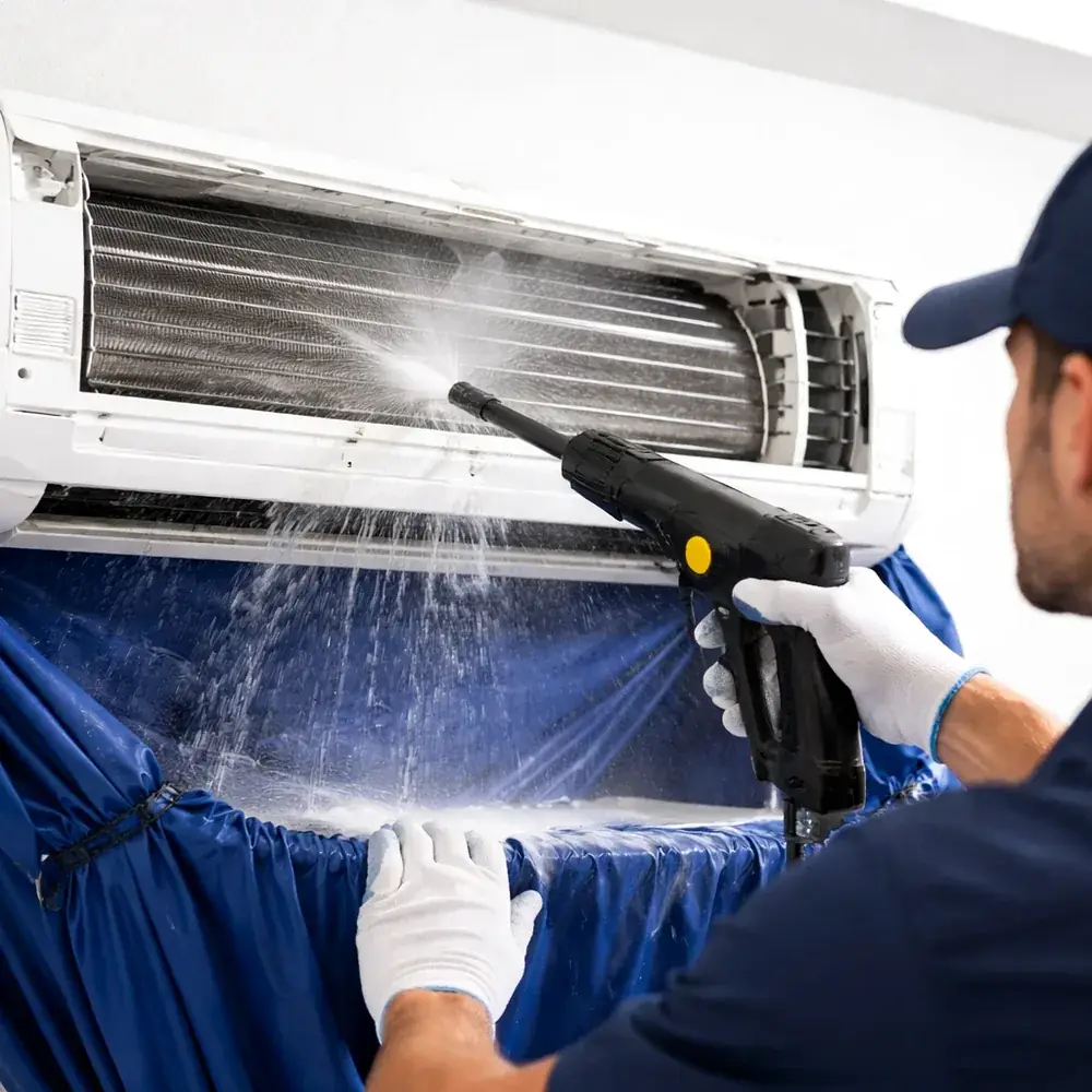 Vayu AC Service technician performing AC service on a split unit in Greater Noida