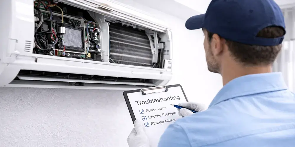 Vayu AC Service technician following an AC troubleshooting checklist in Greater Noida