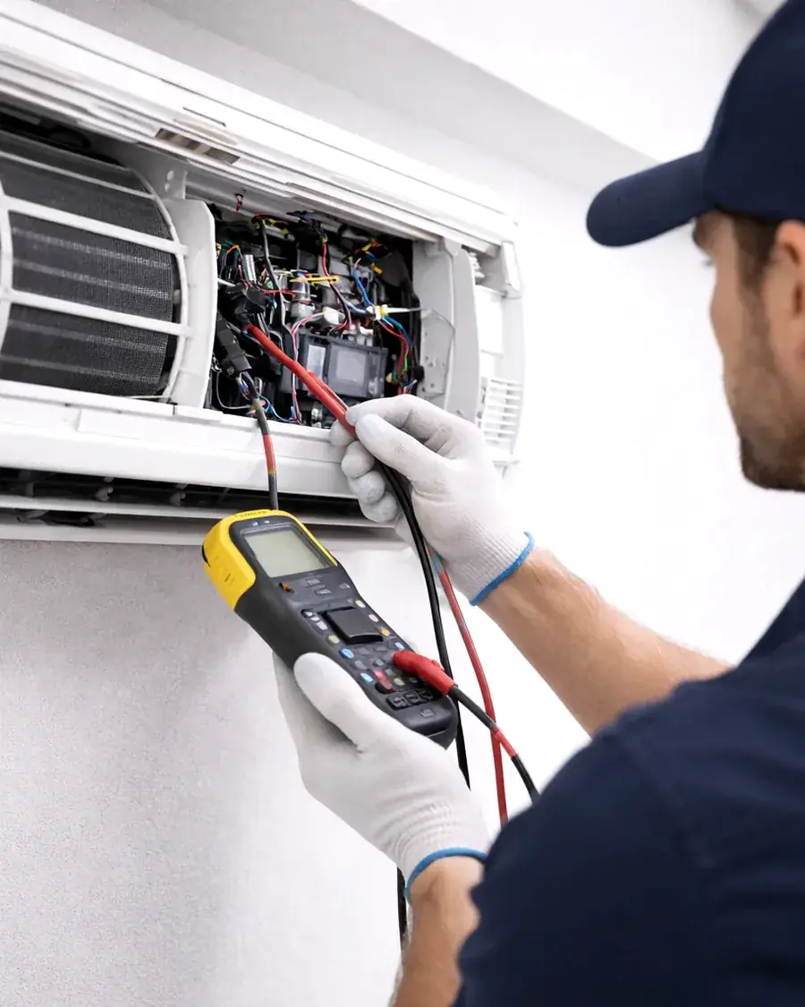 Vayu AC Service technician testing AC electrical components in Greater Noida
